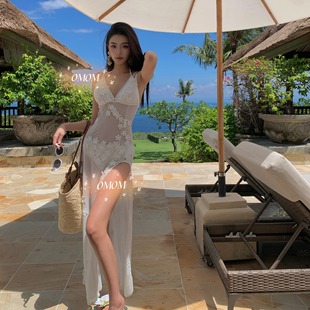 純欲白色透視花朵bikini三件套泰國海邊度假長裙性感辣妹泳衣5044