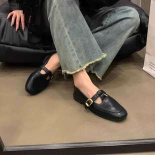 百搭單鞋 2025秋季 小皮鞋 百搭韓版 潮復古平底方頭黑色女 新款