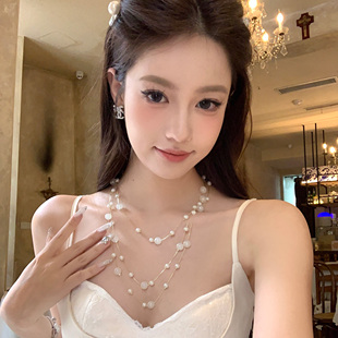 超仙人魚姬長款 月光畫報 珍珠項鏈多層疊戴海邊配飾女 蜜桃茶
