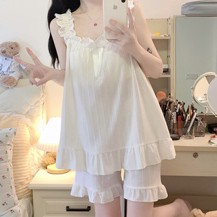 簡約白色兩件套裝 吊帶純棉韓版 夏天網紅家居 高級感睡衣女夏季 新品