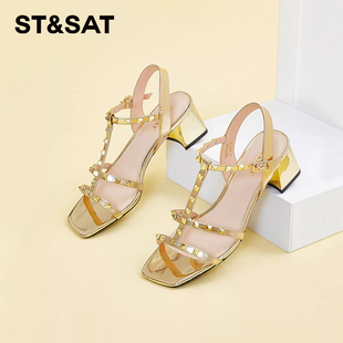 牛皮鉚釘一字扣粗跟露趾涼鞋 新款 女SS32115285 星期六夏季 St&Sat