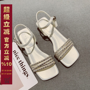 新款 涼鞋 時(shí)裝 飾一字帶露趾方頭中跟時(shí)裝 女外穿 水鉆裝 2025年夏季