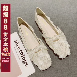 飾軟底瓢鞋 2025年新款 珍珠裝 法式 仙女風網(wǎng)紗透氣淺口方頭平底單鞋