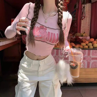 女春秋小眾設計感甜辣T 顯瘦打底衫 覓橘膚短款 辣妹純欲風性感修身