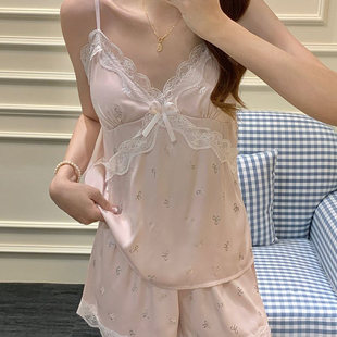 家居服薄款 純欲性感蕾絲睡衣女帶胸墊2025夏季 花邊冰雪絲吊帶短褲