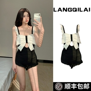 韓國ins風性感游泳衣女士連體高腰顯瘦蝴蝶結網紅保守泡溫泉泳裝