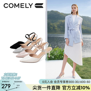優雅一字帶高跟涼鞋 康莉包頭涼鞋 漆皮尖頭細跟時尚 新款 女真皮夏季
