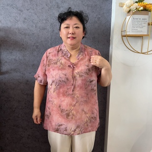 中老年女50歲寬松小衫 媽媽短袖 雪紡襯衫 新款 上衣 洋氣國風T恤夏季