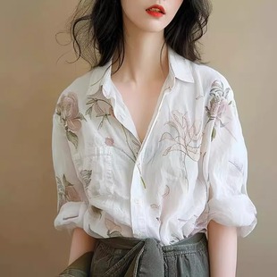 小眾白色襯衫 冷淡系高級感印花棉麻襯衣輕熟法式 清倉夏季 奧萊女裝