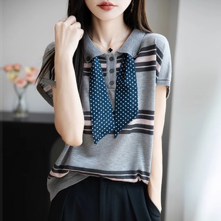 奧特萊斯專柜正品 T恤女夏寬松上衣 清倉波點絲巾條紋翻領針織短袖