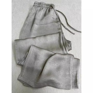 高腰休閑褲 奧特萊斯專柜正品 薄款 女25夏季 清倉灰色壓花緞面闊腿褲