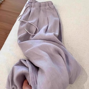 奧特萊斯專柜正品 清倉夏天紫色垂感亞麻女慵懶松弛垂感直筒闊腿褲