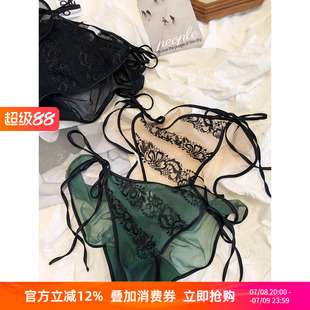 舒適底褲 包臀內(nèi)褲 棉內(nèi)襯 性感純欲刺繡網(wǎng)紗系帶低腰高叉三角褲 法式
