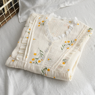 裙子家居服睡衣 寬松短袖 蕾絲花邊優(yōu)雅印花睡裙女夏季 純棉紗布薄款