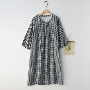 家居服睡衣 寬松長(zhǎng)袖 色織復(fù)古千鳥(niǎo)格睡裙女春夏季 純棉紗布雙層薄款