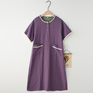 家居服睡衣連衣裙子 寬松短袖 花邊色織提花睡裙女夏季 純棉紗布薄款