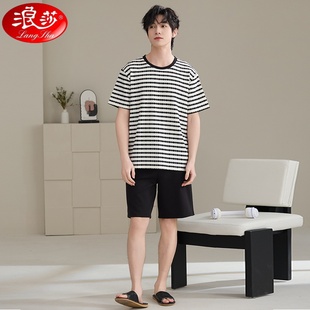 條紋2025新款 睡衣夏季 高級寬松男夏款 時尚 浪莎新款 家居服套裝 男士