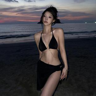 網紅黑色鏈條性感泳衣女分體小胸聚攏比基尼三件套溫泉度假游泳衣