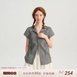 純棉風(fēng)琴褶綁帶黑色格紋v領(lǐng)花邊短袖 復(fù)古夏季 襯衣 法式 Sullenger