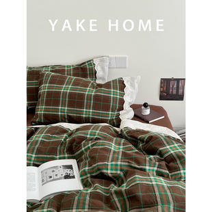 YAKEHOME 復(fù)古風(fēng)花邊咖綠色格子全棉純棉水洗棉四件套 閣樓詩(shī)集