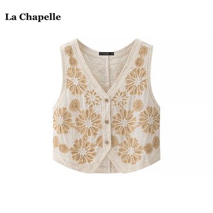 民族風(fēng)v領(lǐng)背心 Chapelle鏤空刺繡針織馬甲女春夏新款 拉夏貝爾