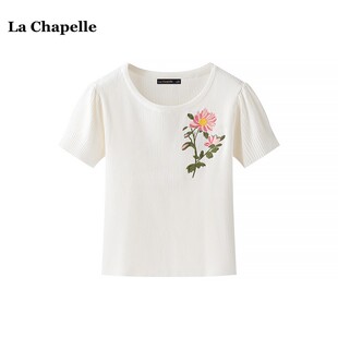 新款 拉夏貝爾 T恤女夏季 Chapelle花朵刺繡短袖 休閑風正肩上衣