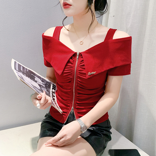 性感一字領露肩短袖 新款 T恤洋氣顯瘦體恤 女夏季 氣質拉鏈開叉小衫