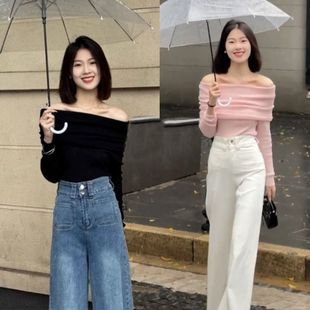 顯瘦毛衣露肩內搭打底衫 法式 修身 女春裝 氣質甜辣高級感上衣針織衫