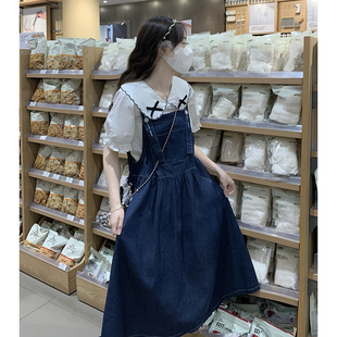 牛仔背帶裙女夏2025新款 學院風甜美可愛娃娃領寬松兩件套裙子 韓版