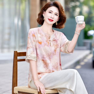國風上衣2025新款 中式 夏季 媽媽夏裝 t恤衫 中老年女裝 中袖 雪紡小衫