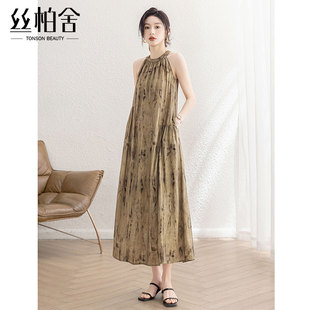 拼色印花優(yōu)雅復古風A字中長裙 女裝 絲柏舍掛脖連衣裙2025夏裝 新款