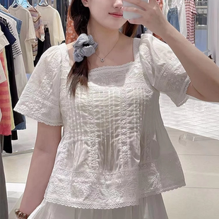 復(fù)古浪漫少女風(fēng)花邊方領(lǐng)刺繡白色襯衫 新款 半裙女 2025夏季 專柜同款