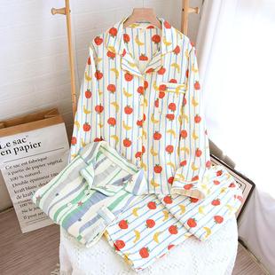 睡衣套裝 春夏秋季 長褲 全棉甜美雙層紗布家居服翻領長袖 可外穿 新款