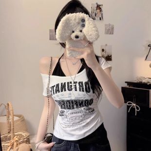 顯瘦純欲風t恤上衣潮 撞色vintage甜辣假兩件修身 學院風短袖 女夏季