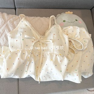少女性感花邊家居服 套裝 帶胸墊彩色波點睡衣女夏季 云朵棉吊帶短褲