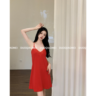 紅色純色結婚睡衣裙子睡袍兩件套 性感時尚 吊帶睡裙女夏季 純棉無袖