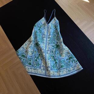 清倉撿漏 今年流行度假風藍色印花性感V領打底吊帶女 專柜外貿女裝