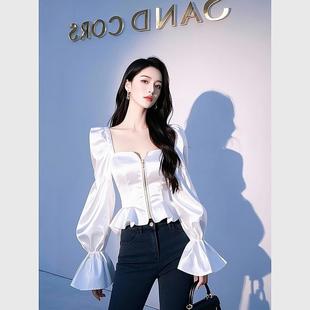 收腰襯衫 今年流行荷葉邊白色緞面喇叭袖 女 專柜外貿女裝 清倉撿漏
