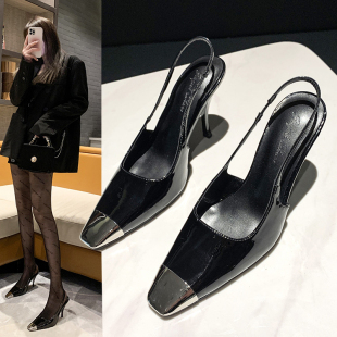 御姐單鞋 高跟鞋 金屬方頭細跟黑色涼鞋 樸彩英同款 女2025年春秋新款