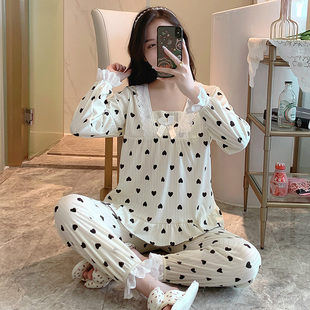 花邊甜美愛心印花寬松舒適外穿冬天家居服兩件套裝 睡衣女款 春秋季