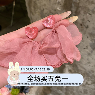 適合方圓臉 甜美粉愛心雪紡花瓣耳釘顯臉瘦度假風小眾設計感耳環