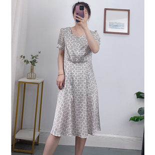 中長款 經典 新品 夏季 A字裙子 優雅小方領24姆米彈力緞真絲連衣裙女