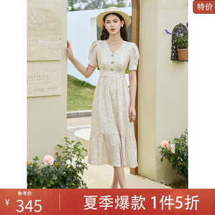 中長款 氣質v領短袖 碎花連衣裙50832LQ08133 新款 固執2025夏季