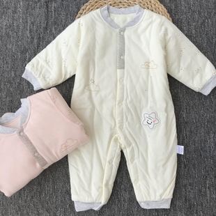純棉新生兒連體衣夾薄棉嬰兒哈衣秋冬裝 男女寶寶睡衣保暖棉服無骨