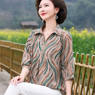 雪紡上衣洋氣新款 短袖 中老年人女士夏季 時尚 中年媽媽夏裝 小衫 襯衫