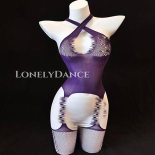 LonelyDance 紫色可撕睡衣鏤空連體交叉掛脖帶絲襪鏤空性感睡衣