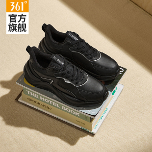 輕便跑步鞋 361男鞋 子男士 2025春秋皮面防水黑色休閑老爹鞋 運動鞋