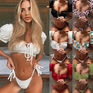 泡泡袖 白色仙女范宮廷復(fù)古系帶分體泳衣三角歐美比基尼BIKINI