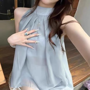 灰色外穿褶皺寬松無袖 新款 圓領上衣潮 女夏季 純欲風性感露肩雪紡衫