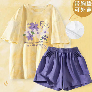帶胸墊純棉套裝 新款 短袖 卡通夏季 家居服 短褲 北極絨純棉睡衣女夏款